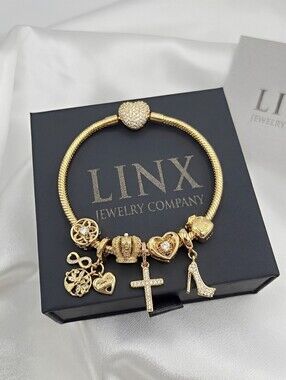 Linx Gold Snake Chain Bracelet With Religious Family & Prosperity Themed Charms
